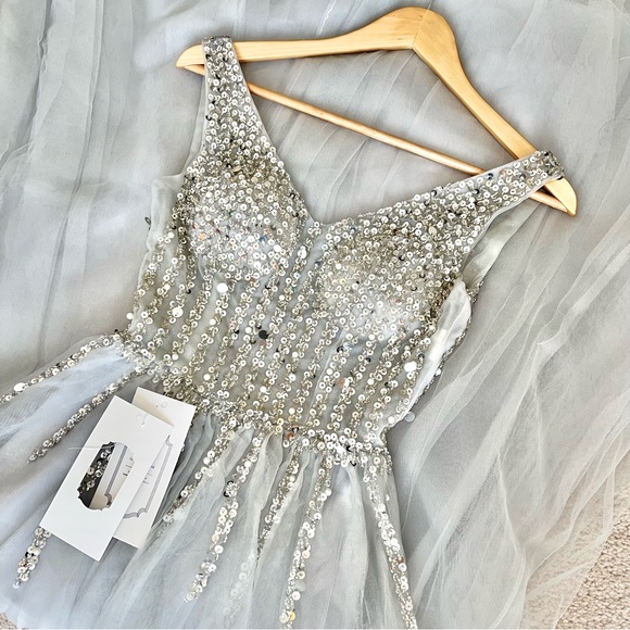 LIGHT GRAY SEQUENCES AND BEADS TULLE DRESS PROM DRESS - Picture 15 of 15